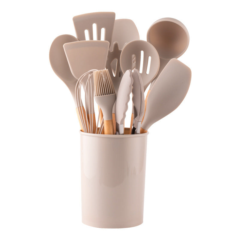 Wooden Handle Silicone Kitchenware 12-Piece Set Storage Barrel Non-Stick Cooking Tools