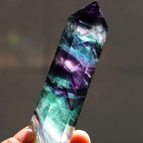 Natural Crystal Rainbow Fluorite Six-sided Single-pointed Pillar Ornaments Blue-green Purple Fluorite Hexagonal Column Crystal Column