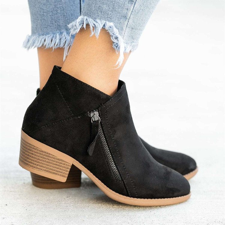 BowLift 丨 Women's Large Size Suede Martin Ankle Boots Low Thick Heel Side Zipper Rubber Sole