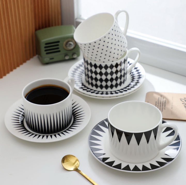 BowLift 丨 Bone China Coffee Cup & Saucer Set Black-White Geometric Bone