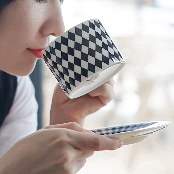 BowLift 丨 Bone China Coffee Cup & Saucer Set Black-White Geometric Bone