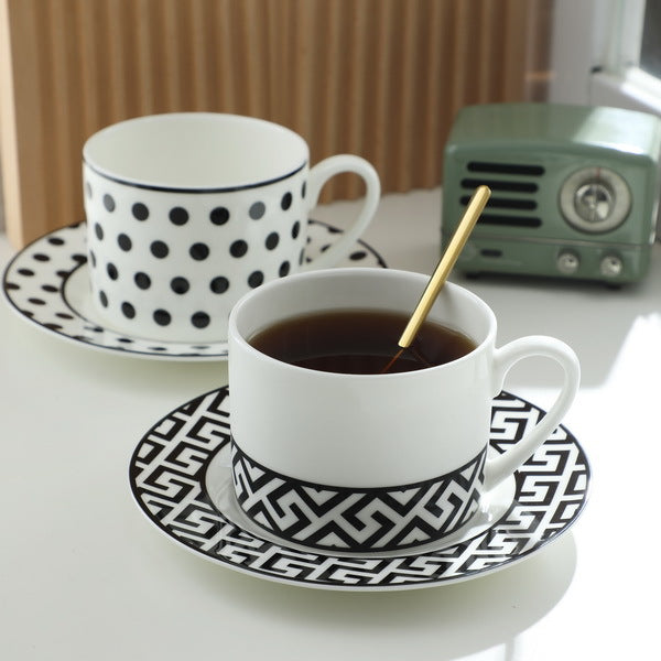 BowLift 丨 Bone China Coffee Cup & Saucer Set Black-White Geometric Bone