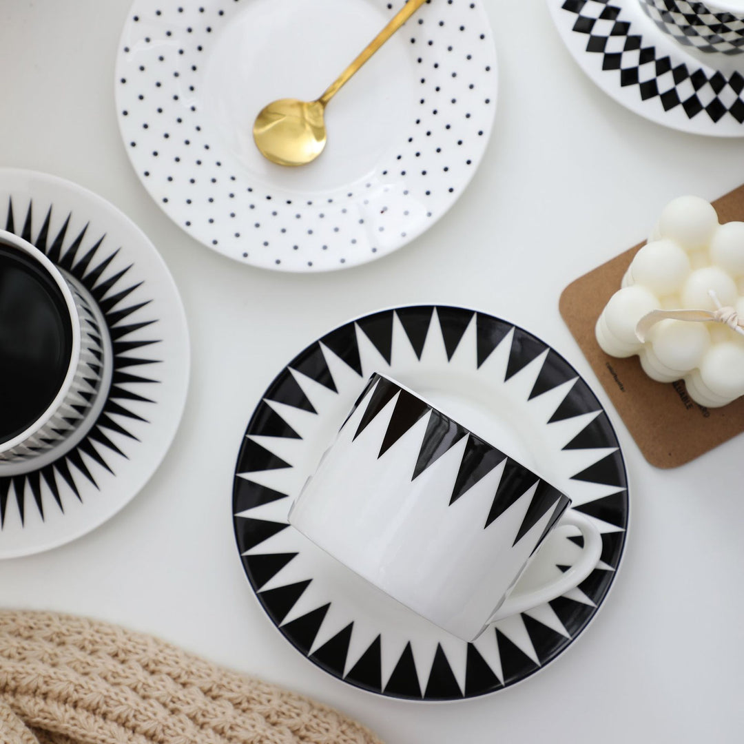 BowLift 丨 Bone China Coffee Cup & Saucer Set Black-White Geometric Bone