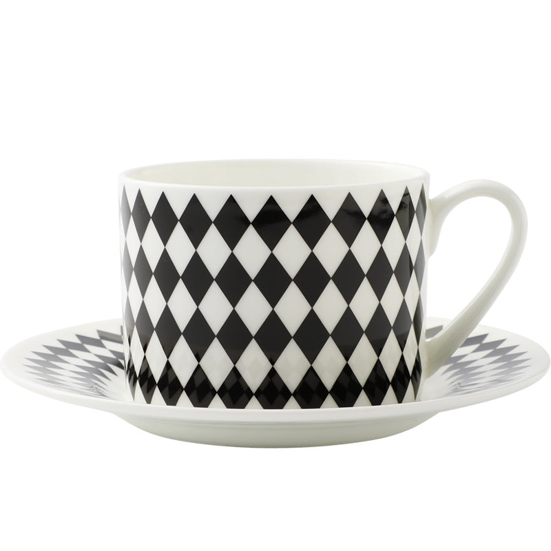BowLift 丨 Bone China Coffee Cup & Saucer Set Black-White Geometric Bone