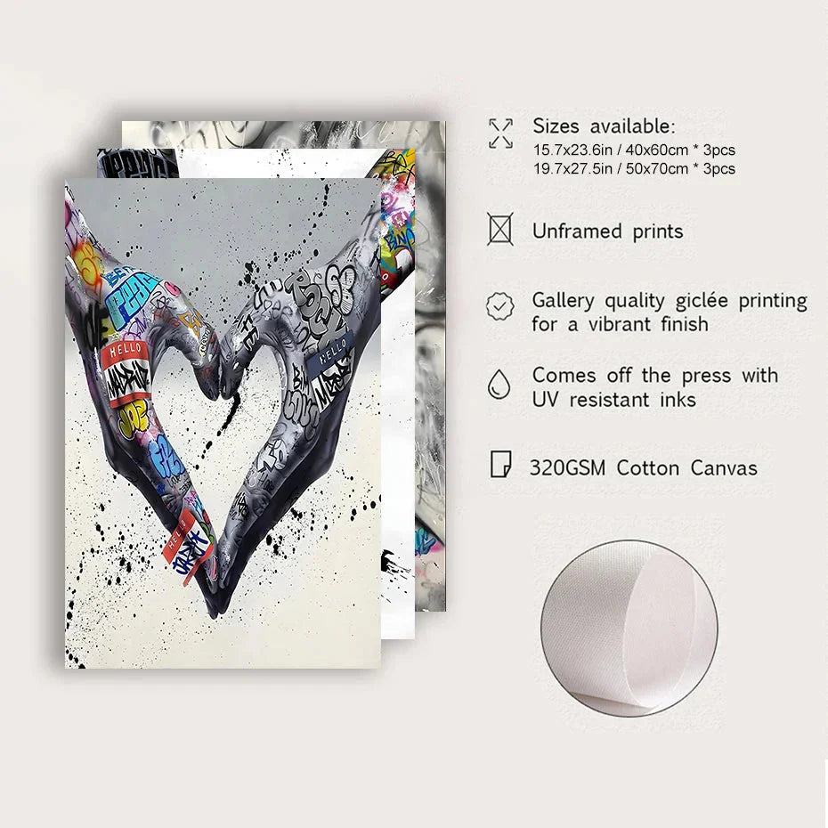 BowLift | 3PCS Modern Love Hand in Hand Kiss the Kiss Poster Graffiti Banksy Street Wall Art Canvas Painting Prints Pictures Room Decoration