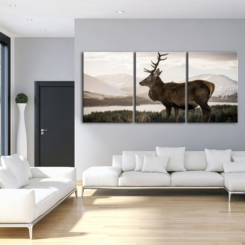 Somber Winter Deer-Canvas Wall Art Painting 3 Pieces | Bowlift
