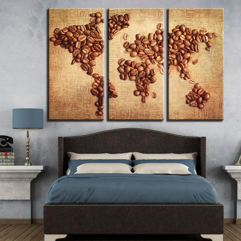 Beautiful Abstract Coffee Beans World Map - Canvas Wall Art Painting 3 Pieces | Bowlift