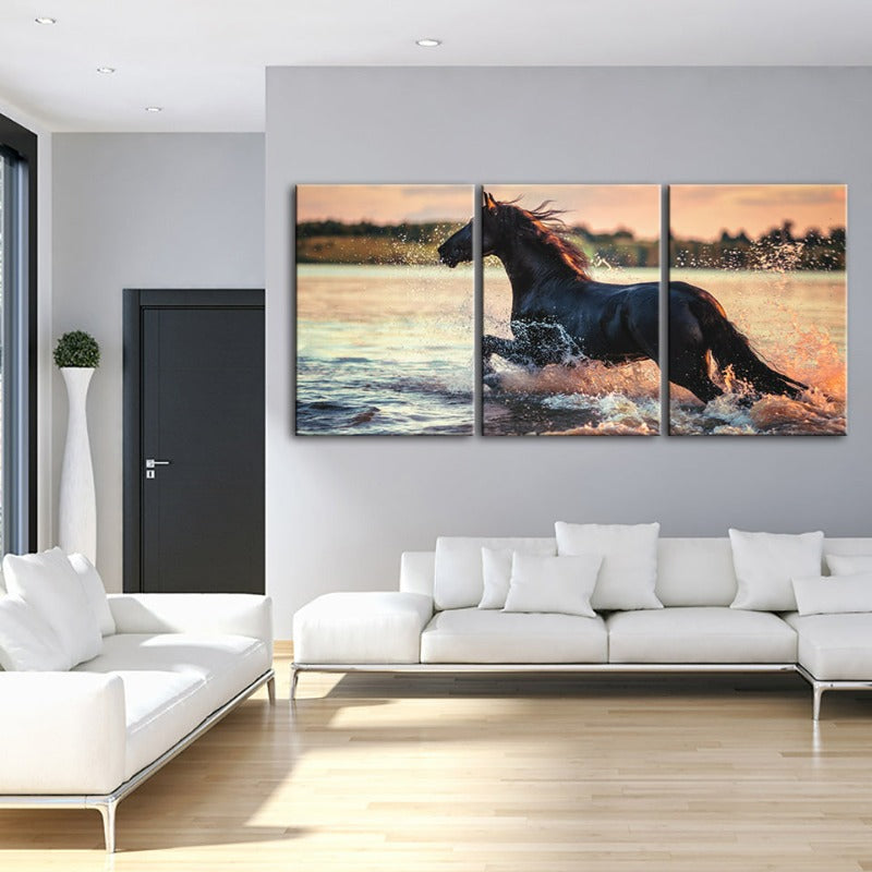 Running Horse In Water-Canvas Wall Art Painting 3 Pieces | Bowlift
