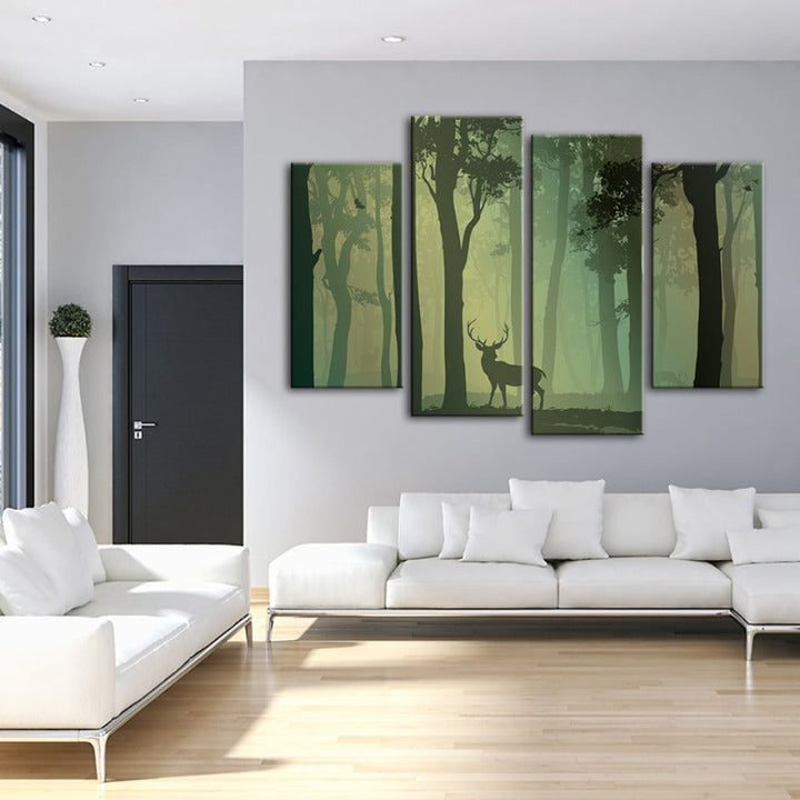 4 Piece Enchanted Green Toned Silhouetted Deer - Canvas Wall Art Painting | Bowlift