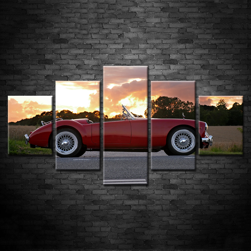 5 Pieces Sunrise - Classic Red Vintage Car - Canvas Wall Art Painting | Bowlift
