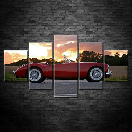 5 Pieces Sunrise - Classic Red Vintage Car - Canvas Wall Art Painting | Bowlift