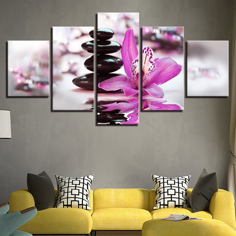 5 Piece Black Pebbles With Purple Flower - Canvas Wall Art Painting | Bowlift