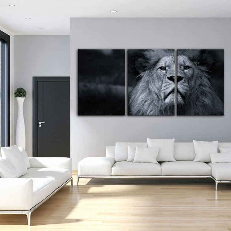 Grayscale Concerned Lion-Canvas Wall Art Painting 3 Pieces | Bowlift