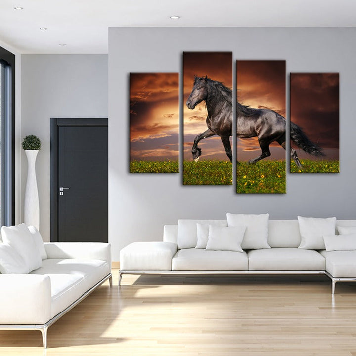 4 Piece Running Black Horse - Canvas Wall Art Painting | Bowlift
