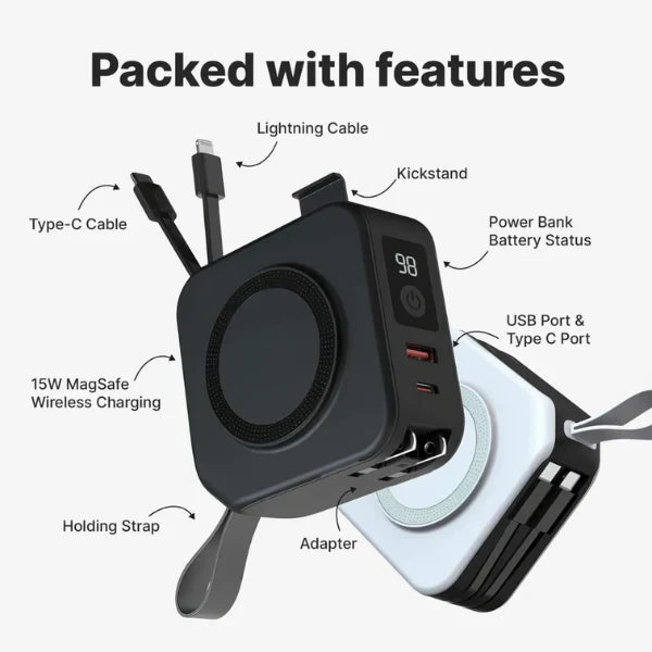 BowLift | TravelBank | Portable 5-in-1 Wall Charger | Wireless Charging, Power Bank & Multi-Device Charging