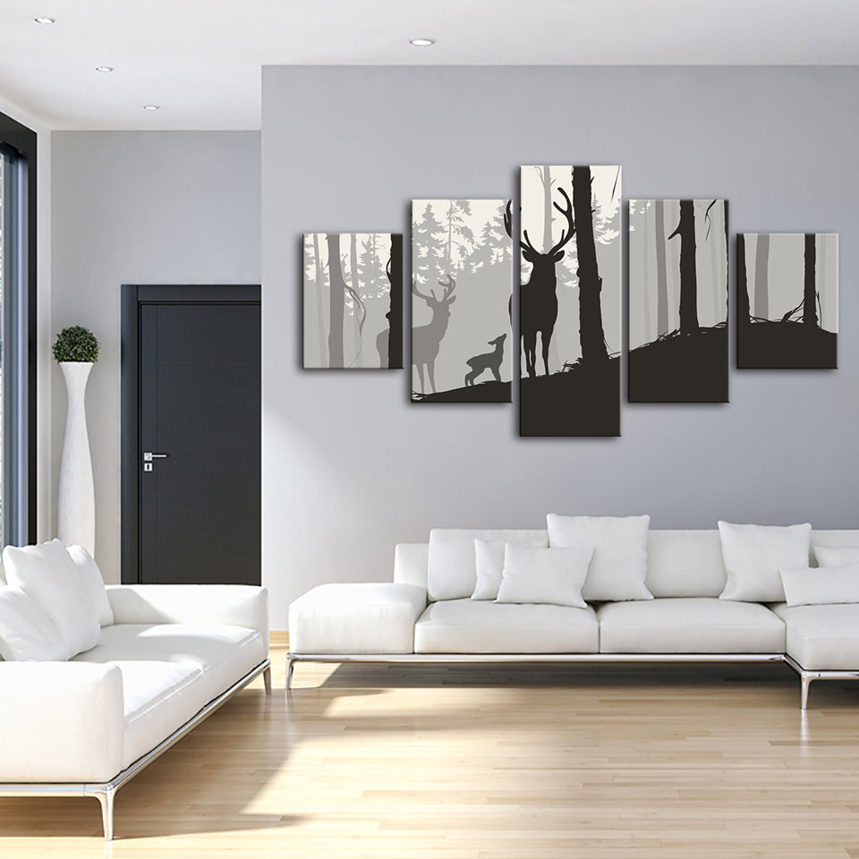 Silhouette Deer Family 5 Piece - Canvas Wall Art Painting | Bowlift