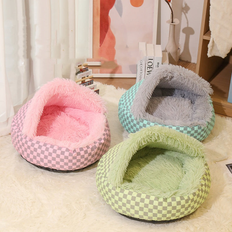 Chequered 2in1 Cat Cave Bed Bowlift