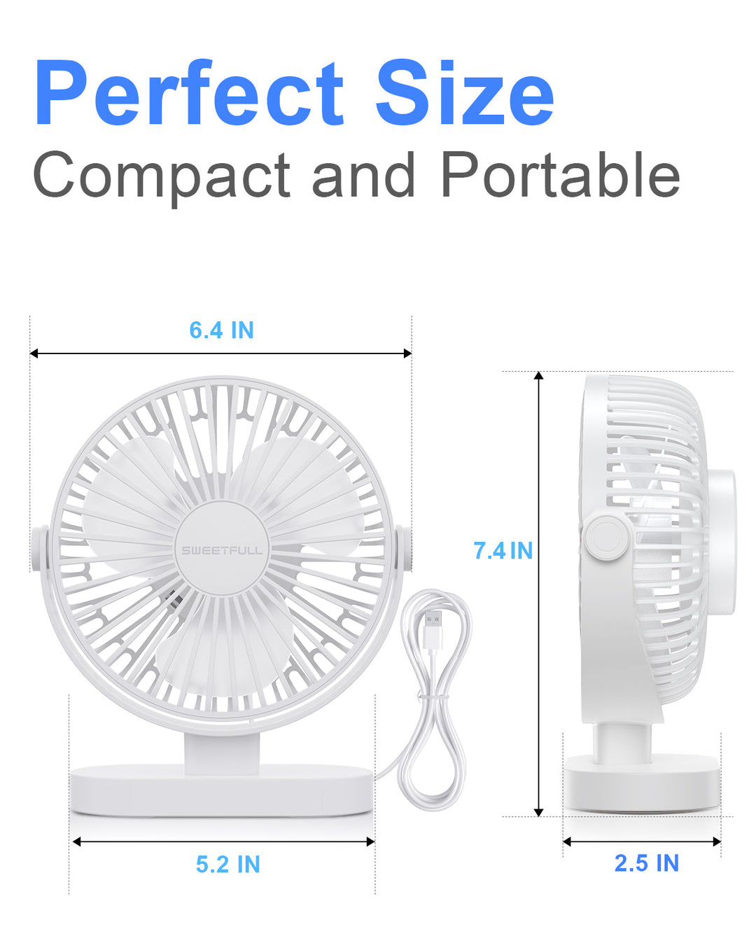 6.5 Inch USB Small Desk Fan for Home Office Car Outdoor Travel | Bowlift