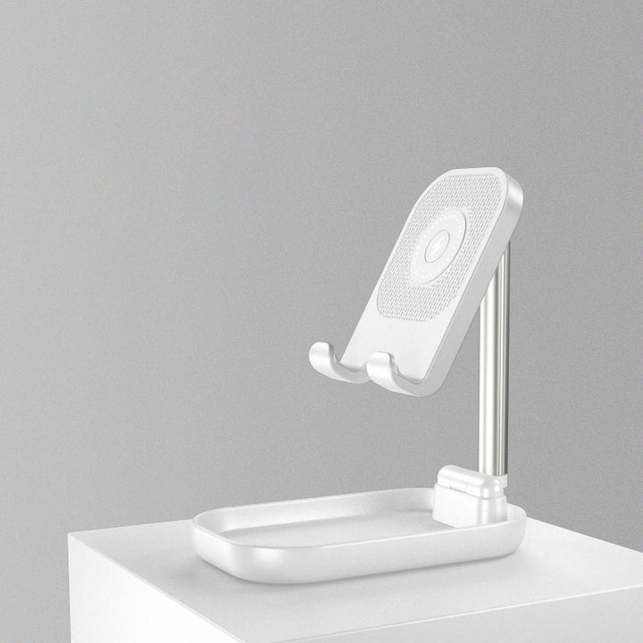 BowLift | Foldable and Adjustable Phone Holder with 10W Wireless Fast Charge, Up to 25.8cm, Lamp, Non-slip Panel, Mini Shelf, Suitable for Phones and Tablets