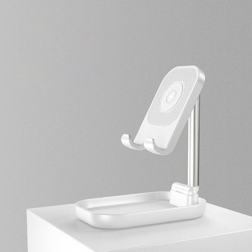 BowLift | Foldable and Adjustable Phone Holder with 10W Wireless Fast Charge, Up to 25.8cm, Lamp, Non-slip Panel, Mini Shelf, Suitable for Phones and Tablets