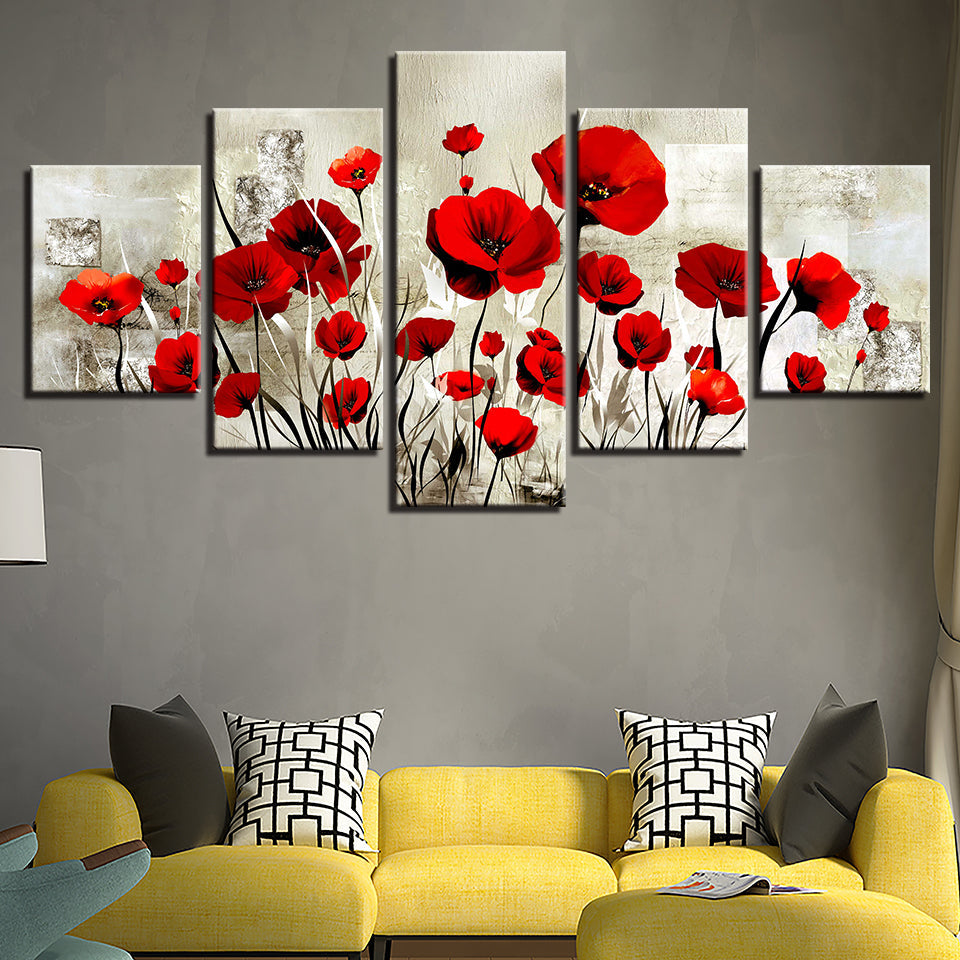 Silver Red Poppy Field 5 Piece - Canvas Wall Art Painting | Bowlift