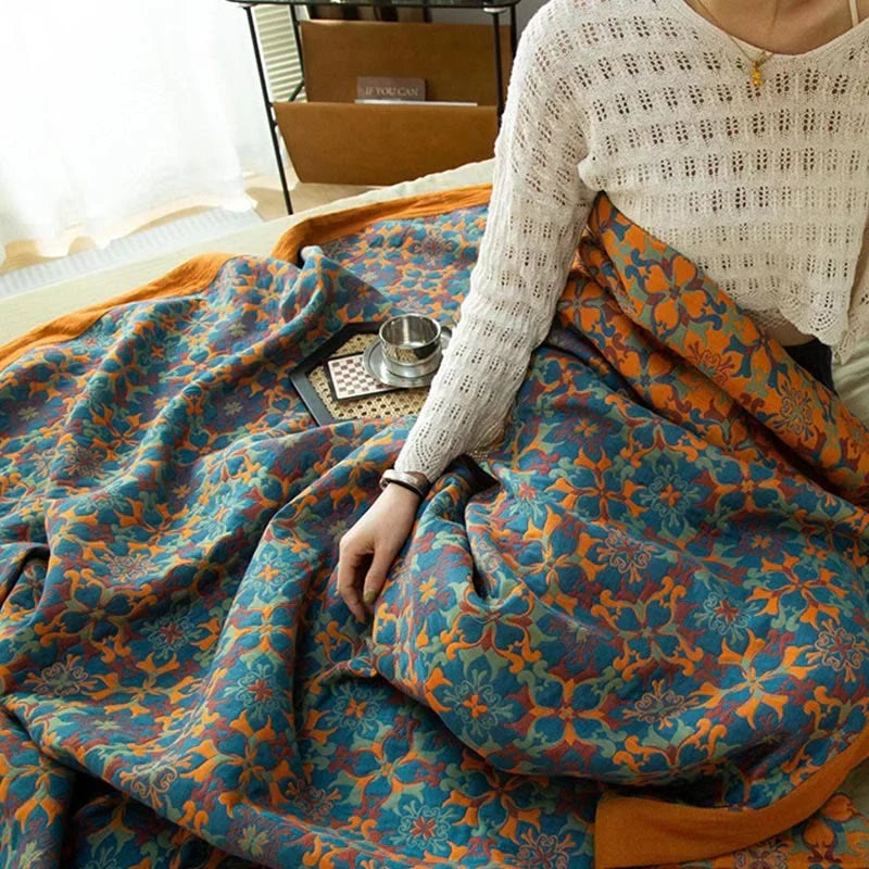 Blue patterned six-layer cotton blanket – TerraLoom comfort blanket