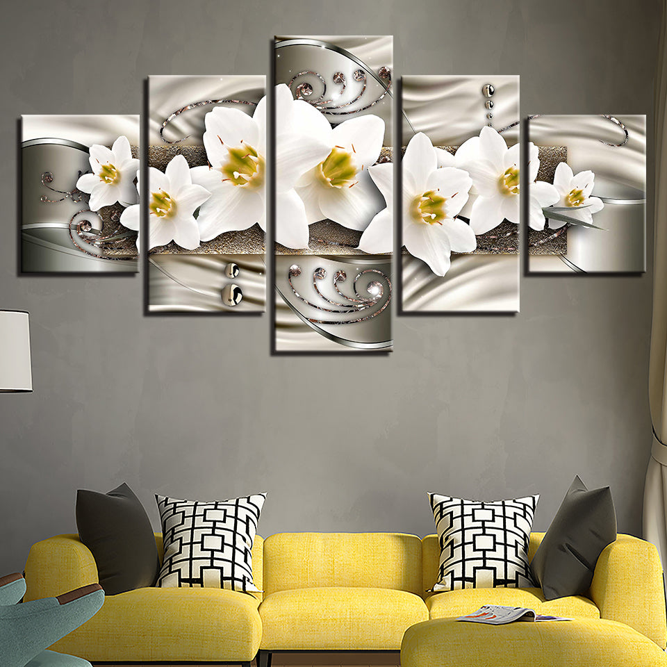 Classy White Flowers 5 Piece - Canvas Wall Art Painting | Bowlift