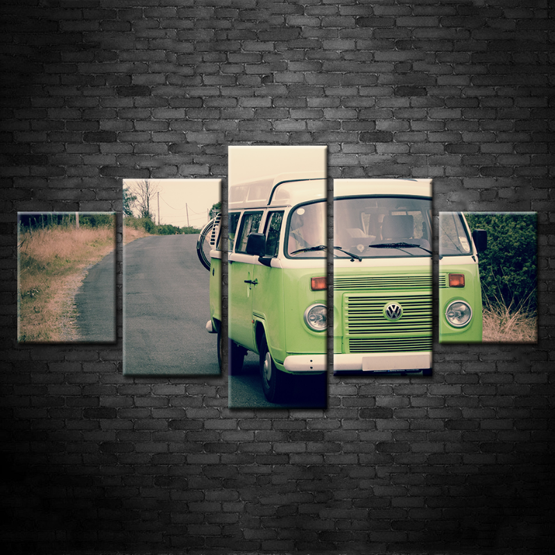 5 Piece Light Green Vintage Bus Car - Canvas Wall Art Painting | Bowlift