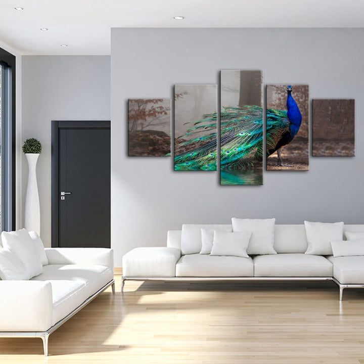 5 Piece Vivid Peacock by the Pond - Canvas Wall Art Painting | Bowlift