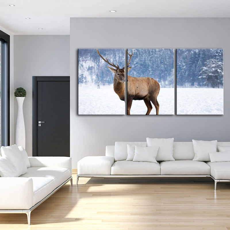 Snowy Landscape Deer-Canvas Wall Art Painting 3 Pieces | Bowlift
