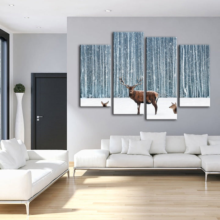 4 Piece Two Does and a Deer in Winter - Canvas Wall Art Painting | Bowlift