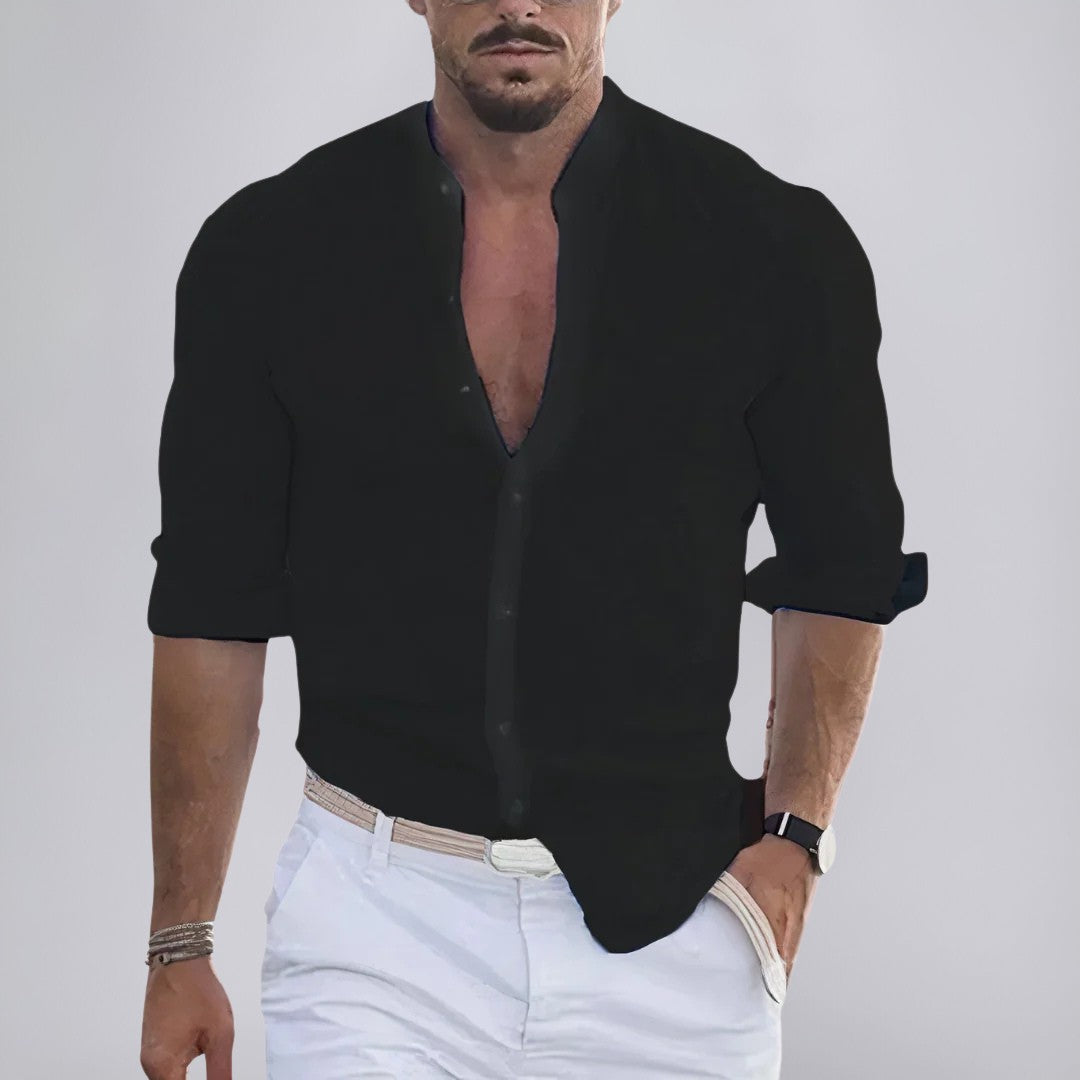 Slim Fit Linen Blend Shirt with Band Collar