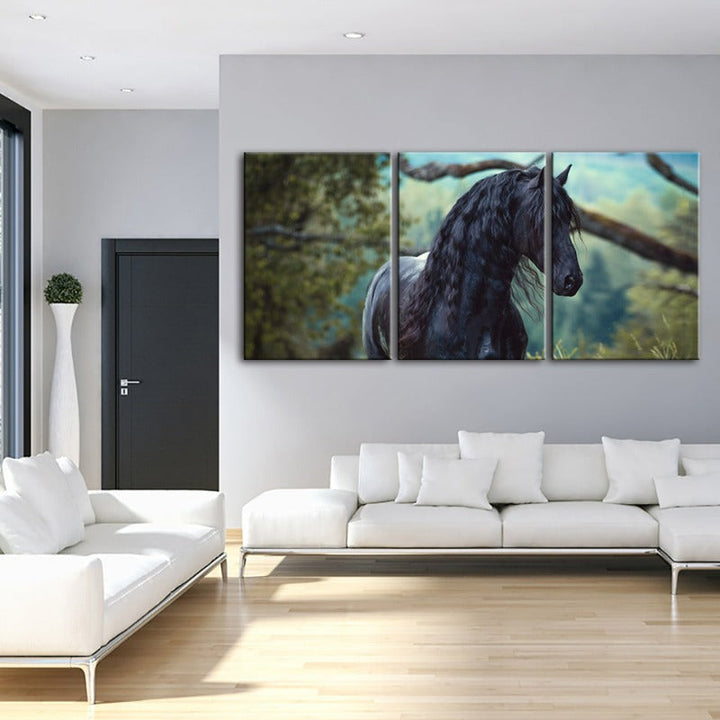 Black Horse in Forest-Canvas Wall Art Painting 3 Pieces | Bowlift