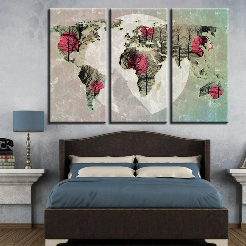 Beautiful Abstract Pink Sun World Map-Canvas Wall Art Painting 3 Pieces | Bowlift