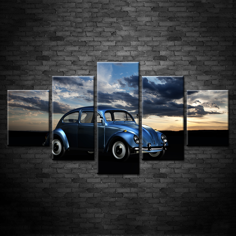 5 Pieces - Cloudy - Blue Classic Vintage Car - Canvas Wall Art Painting | Bowlift