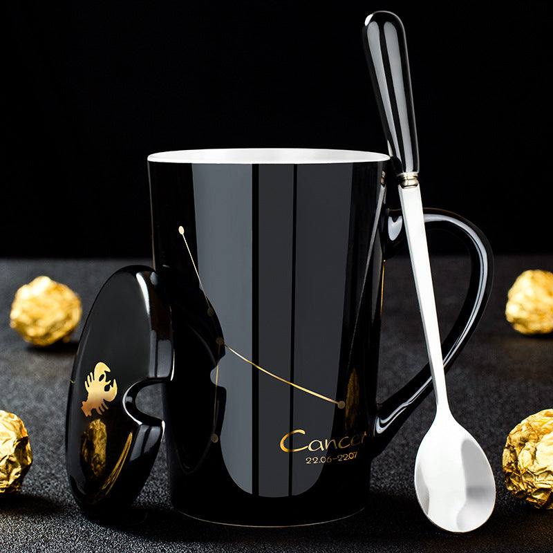 12 Constellations Black Ceramic Mug with Lid Spoon | Bowlift