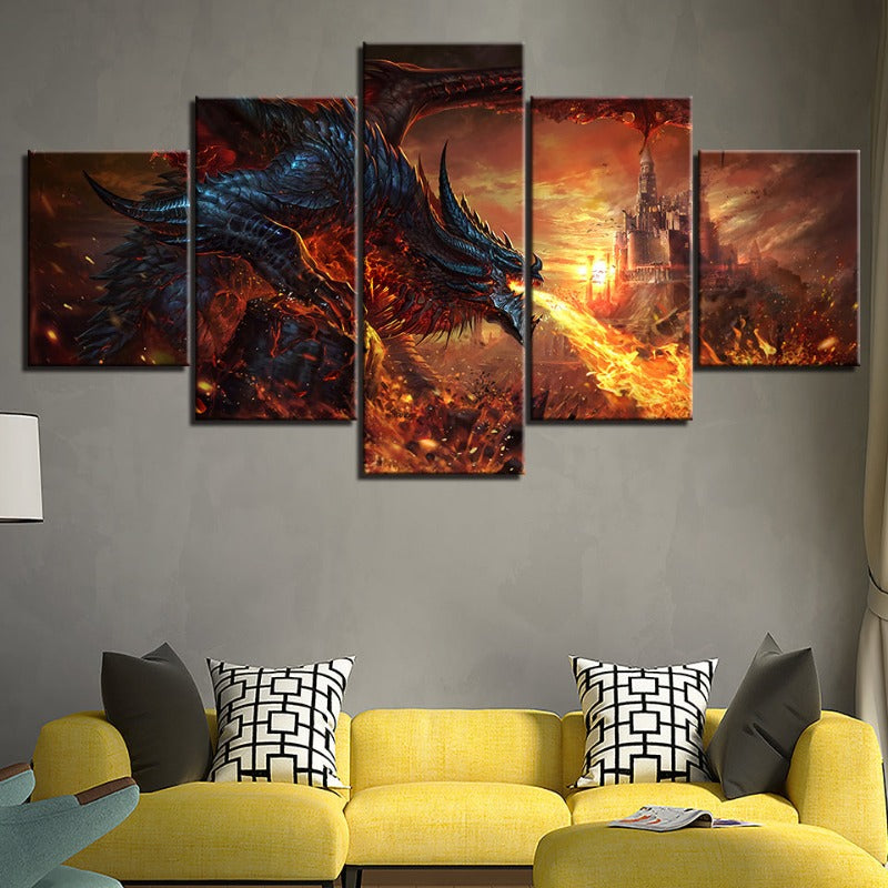 Dragon And Castle - 5 Piece Canvas Wall Art Painting | Bowlift