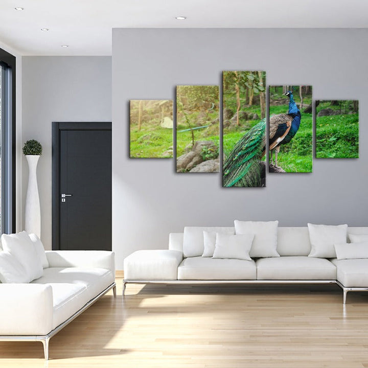 5 Piece Dignified Sunlit Peacock - Canvas Wall Art Painting | Bowlift