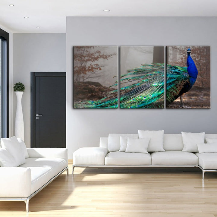 Vivid Peacock By The Pond-Canvas Wall Art Painting 3 Pieces | Bowlift