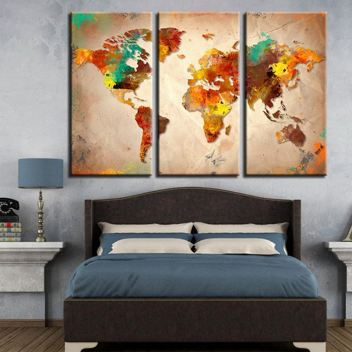 Beautiful Abstract Multi-Color World Map-Canvas Wall Art Painting 3 Pieces | Bowlift