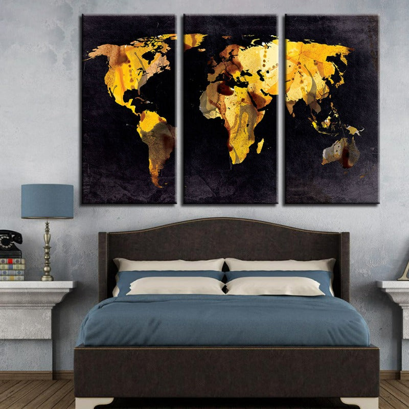 Beautiful Yellow Leaf World Map-Canvas Wall Art Painting 3 Pieces | Bowlift