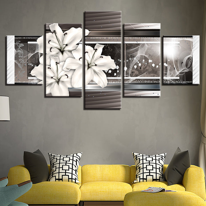 5 Piece White & Silver Flower - Canvas Wall Art Painting | Bowlift