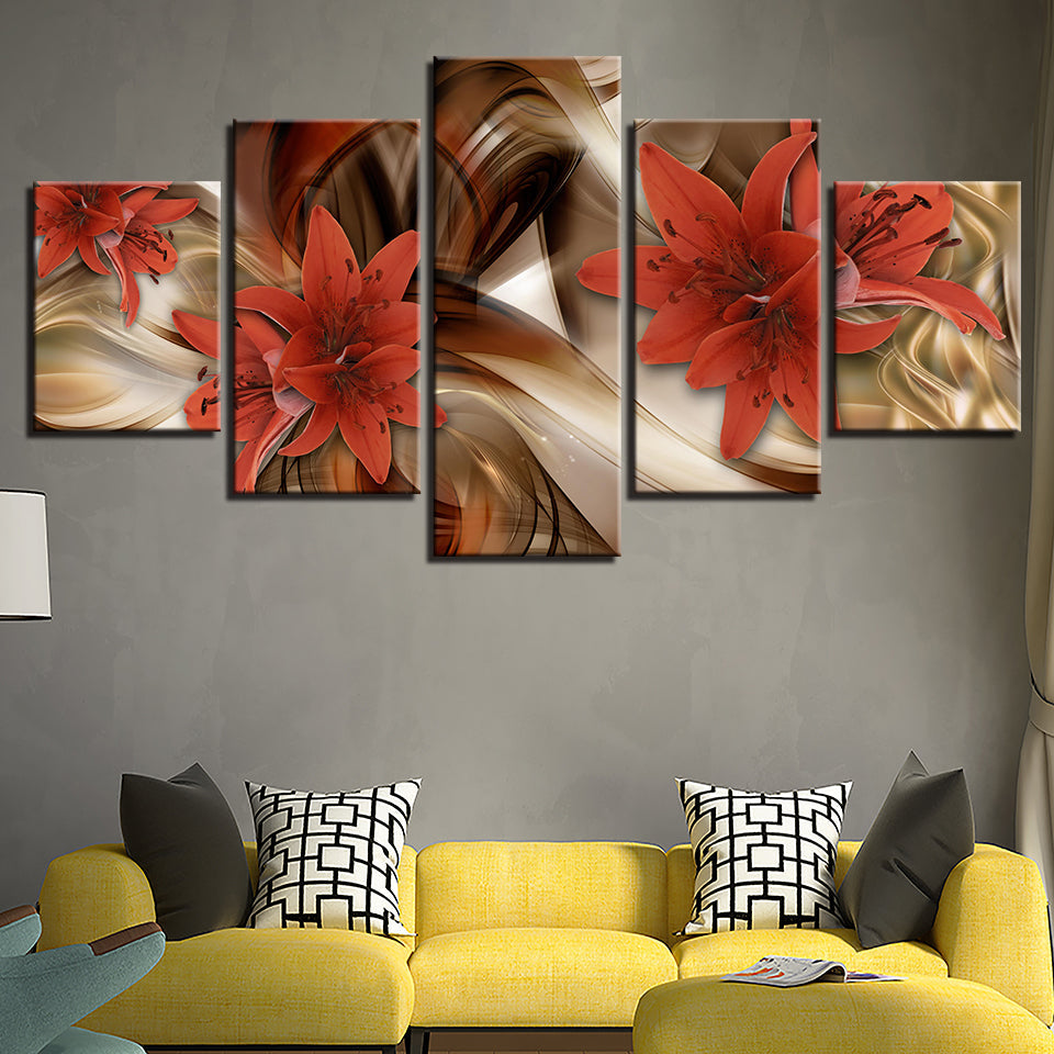 Desaturated Fire Red Lilies 5 Piece - Canvas Wall Art Painting | Bowlift