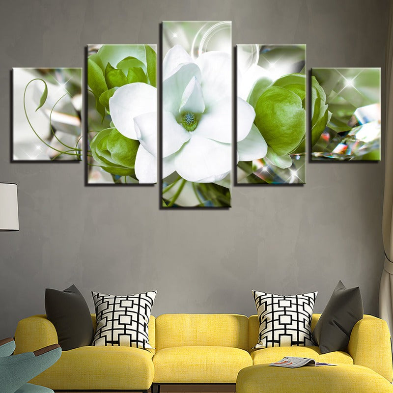 5 Piece Green Background White Flower - Canvas Wall Art Painting | Bowlift