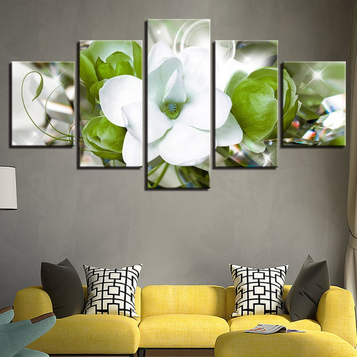 5 Piece Green Background White Flower - Canvas Wall Art Painting | Bowlift