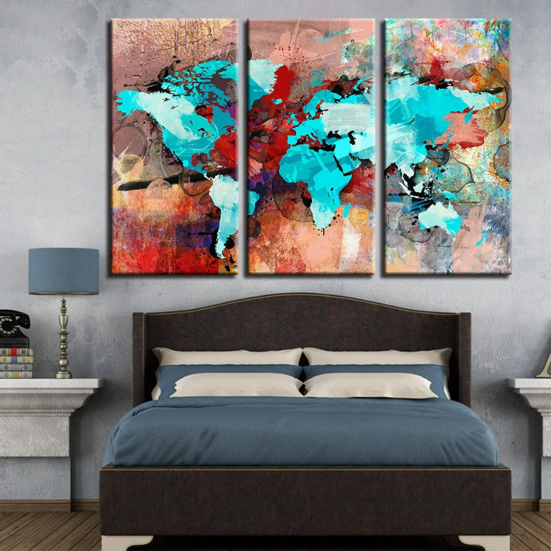 Beautiful Abstract Sea Blue & Red World Map-Canvas Wall Art Painting 3 Pieces | Bowlift