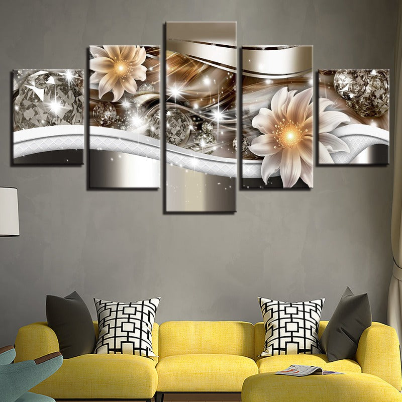 5 Piece Golden Glow Hue White Flower - Canvas Wall Art Painting | Bowlift