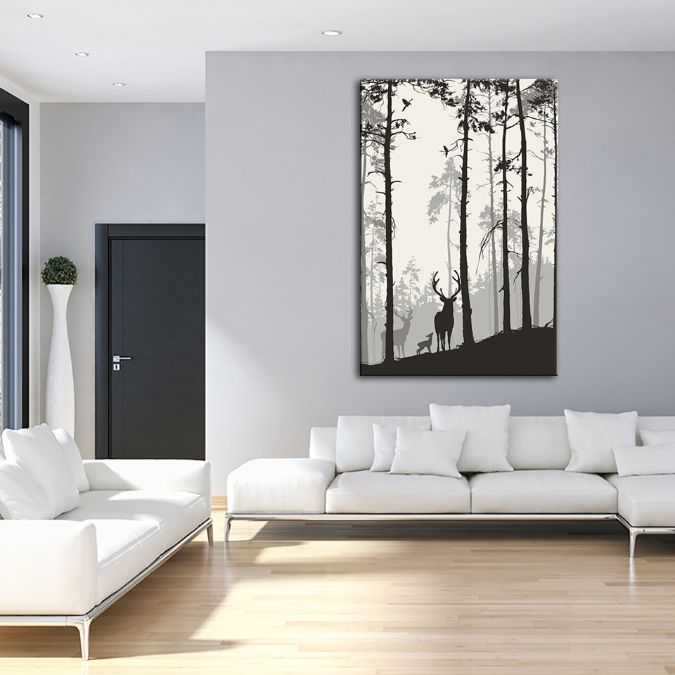 Silhouette Deer Family - Canvas Wall Art Painting | Bowlift