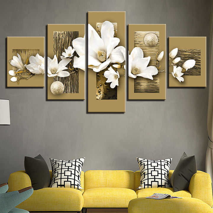 Golden Accents And White Magnolias 5 Piece - Canvas Wall Art Painting | Bowlift