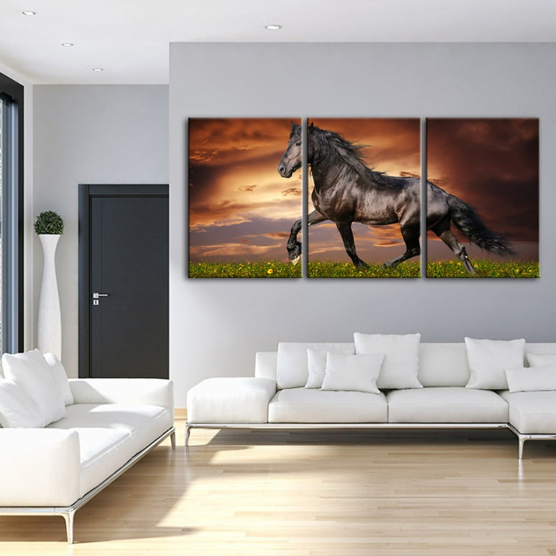 Running Black Horse-Canvas Wall Art Painting 3 Pieces | Bowlift